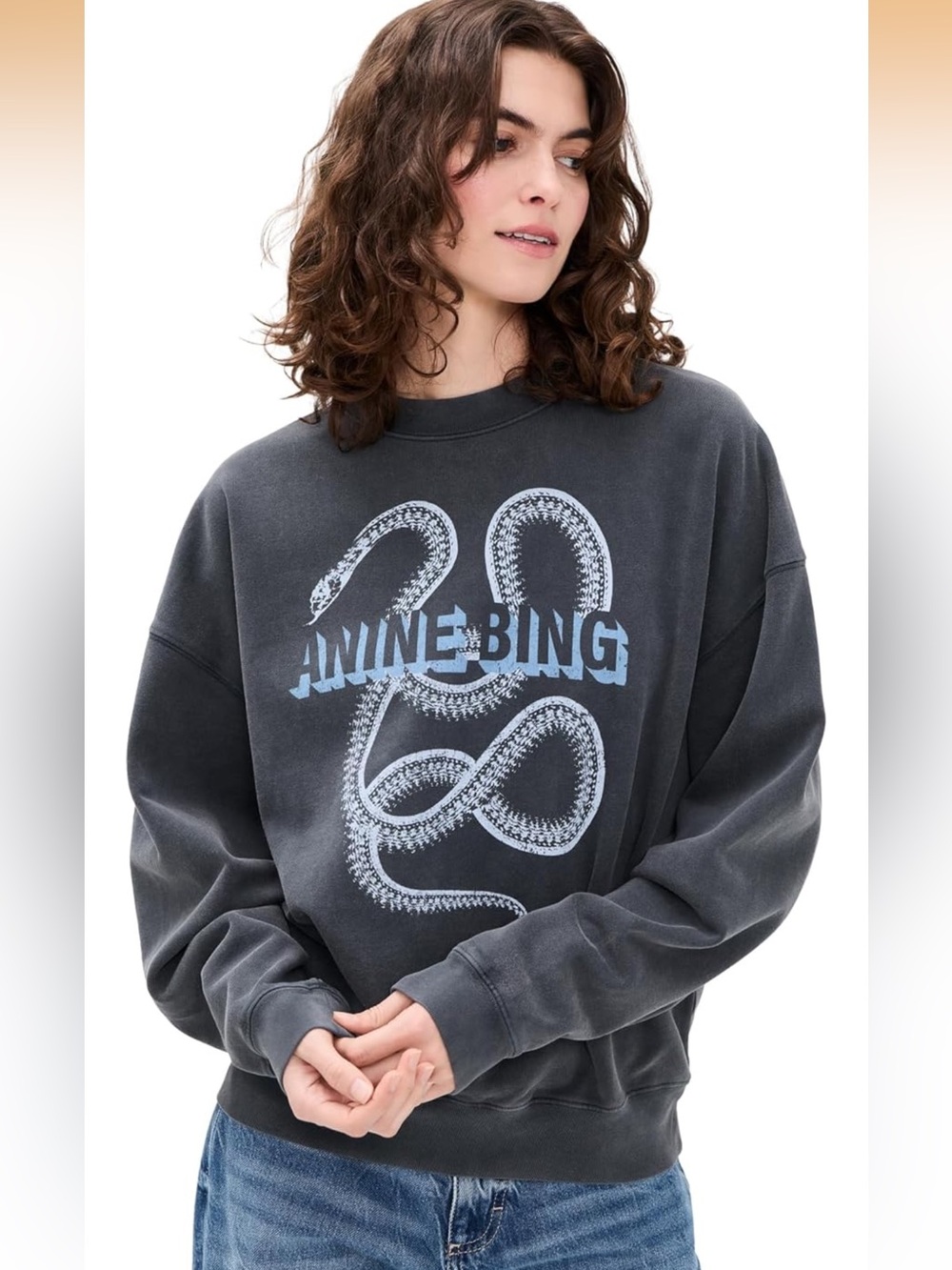 Anine Bing Charcoal Sweatshirt with Pale Blue Snake Logo